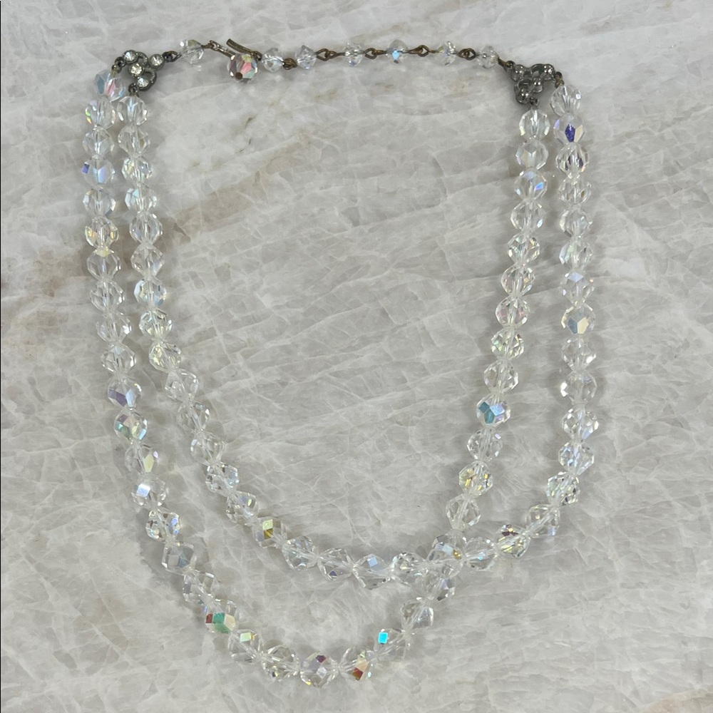 VINTAGE Clear AB CRYSTAL BEAD 2 Tier NECKLACE Faceted RHINESTONE CLASP